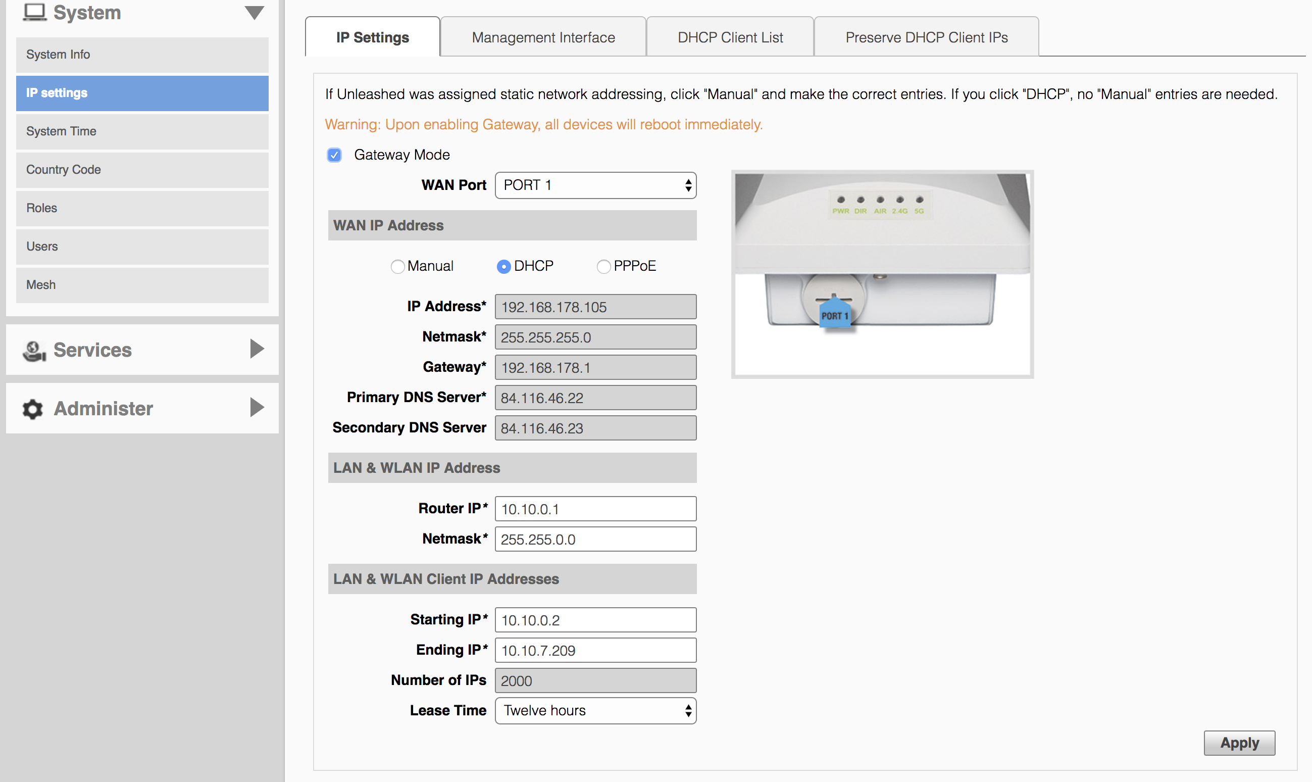 IP settings gateway mode